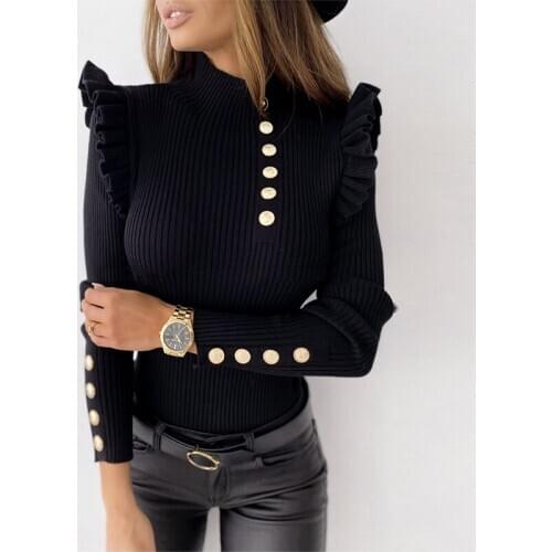 Striped High Neck Womens Knitting Sweater Ruffle Slim Black Long Sleeve Pullover High Street Style Winter New Sweater