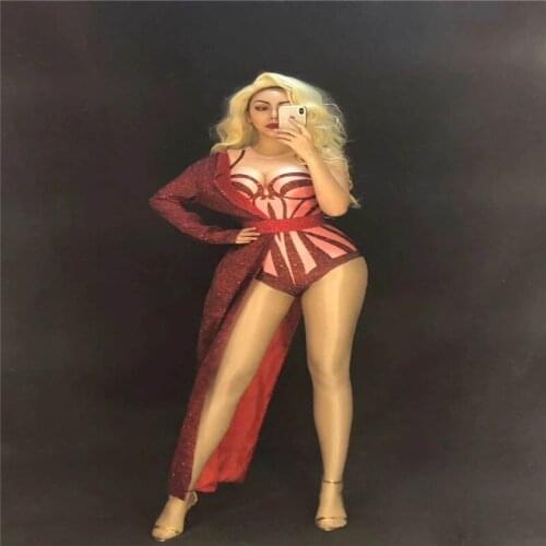 X54 Female red printing bodysuit sexy cloak dj singer wears jumpsuit slim tight outfits bar dress clothing rhinestone costume ds