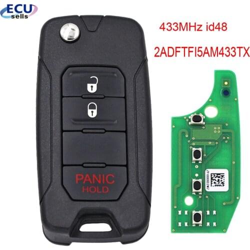 2+1 buttons Folding Remote Key for Jeep Renegade 2016-2018 ID48 Chip 433MHz Megamos AES - 2ADFTFI5AM433TX with SIP22 blade
