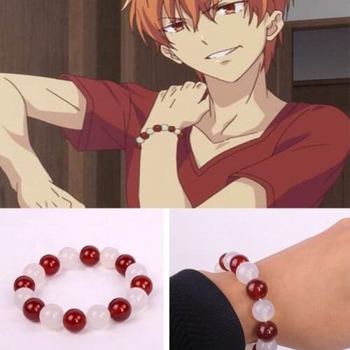 Anime Fruits Basket Kyo Sohma Bracelet Flexible Bangles for Women Men Cosplay Props Red White Bead Bracelet Jewelry