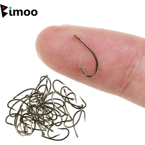 Bimoo 50pcs Fly Fishing Dry Fly Hook Standard Wire Nymph Curved Hook Bronze Finish Small Fly Lures Tying Material Sizes 14 16 18