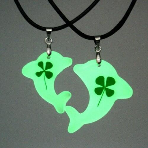 2PCS Glow In Dark Dolphins Paired Pendants Necklaces Women Leather Chain Natiral Dry Clover Choker Girls Couple New Year Gifts