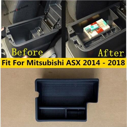 Black Plastic Armrest Storage Multi-grid Pallet Container Phone Case Box Cover Trim Accessories For Mitsubishi ASX 2014 - 2018