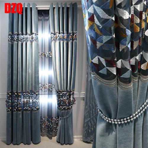 Aifish European Luxury Living Room Curtain Blue Chenille Hollow Flannel Embroidery Curtain Bedroom Decoration Shading Cortinas 4