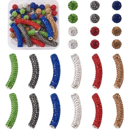 Brass Rhinestone Beads with Polymer Clay 12pcs Tube 60pcs Ball Mixed Color, 45~47x9mm, Hole: 4mm, 6 colors