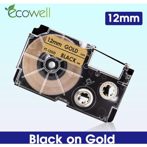 Ecowell Label Tape XR-12GD 12mm XR12GD for Gasio XR 12GD 12mm printer ribbon Black on Gold for Casio KL-60 100 120 Label Maker