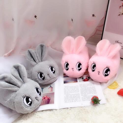 Millffy Cute pink rabbit gray bunny slipper cartoon animal plush slippers female winter warm rabbit home woman slipper
