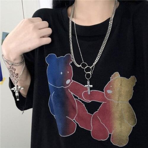 Summer Korean ins Harajuku style personality bear print bf loose wild couple jacket short-sleeved T-shirt men and women tide