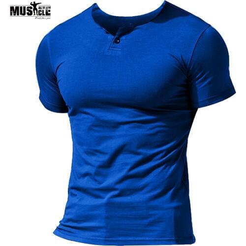 MUSCLE ALIVE Mens Bodybuilding T-shirts Gym Clothing Henleys T-Shirt Single Button Placke Training Running T shirt Cotton
