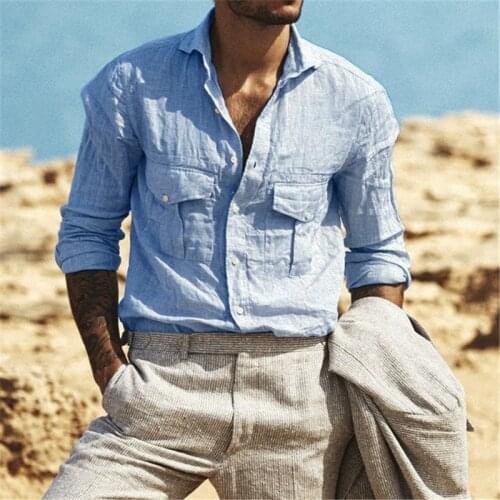 MAN Cardigan Single-Breasted Dress Shirts Cotton Linen Men Shirt Long Sleeve Summer Style Hawaiian Shirts Sexy Men Clothes