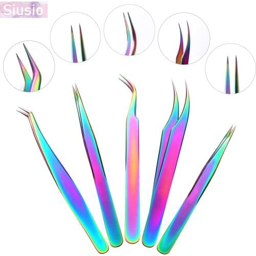 1/5 Pcs Eyelashes Tweezers Kit Stainless Steel Rainbow Superhard Professional Tools Anti-static Tweezers for Eyelash Extensions