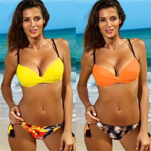 YICN 2021 New Sexy Candy Color Backless Swimwear Women Swimsuit Floral Print Push Up Bathing Suit Bikini Set Beachwear Biquini