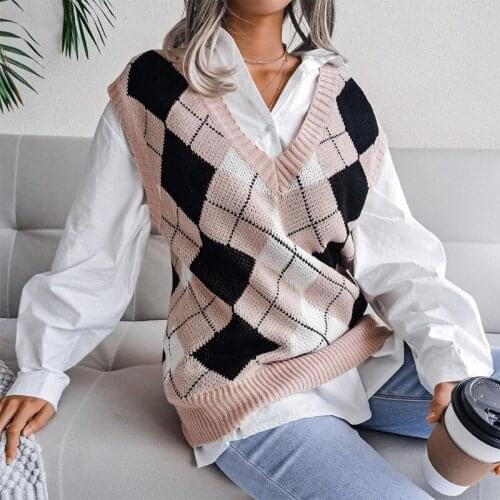 2021 The New Autumn And Winter European And American College Style Ins Style Diamond V-neck Casual Loose Knit Pullover Vest