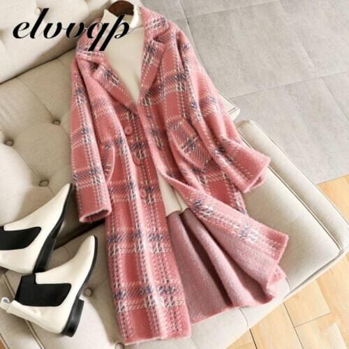 New Autumn Winter Elegant Plaid Ladies Fashion Knitted Woolen Coat Ladies Casual Lapel Coat Warm Long Femme Outerwear