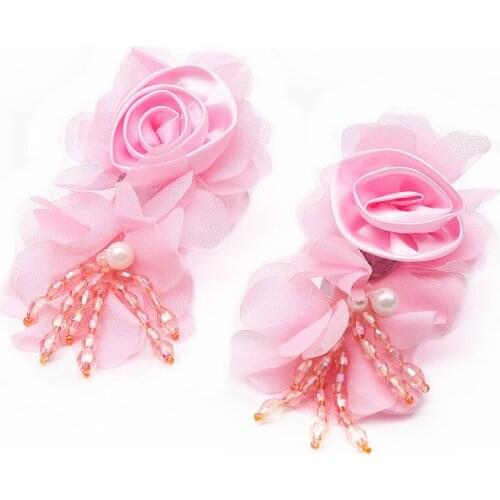 Size 12 * 5 Cm (2Piece / Lot) Pink Chiffon Hand-Beaded Applique, Embroidery Lace Wedding Bride Patch