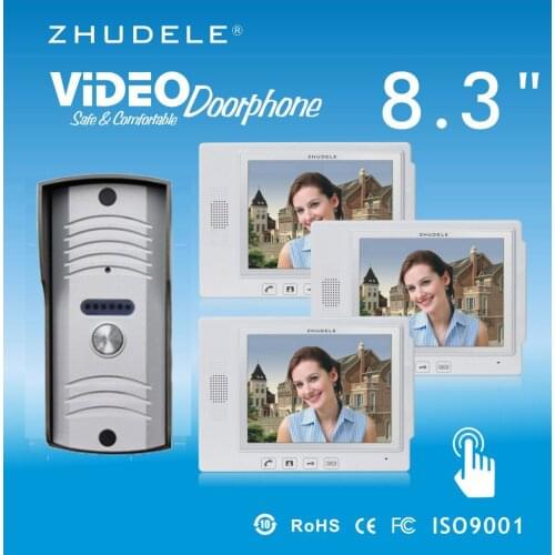 ZHUDELE Luxury 8.3"Display Wired Video Door Phone Touch Key Doorbell&IR 700TVL HD Home Security CCD Camera 1V3 Security Intercom