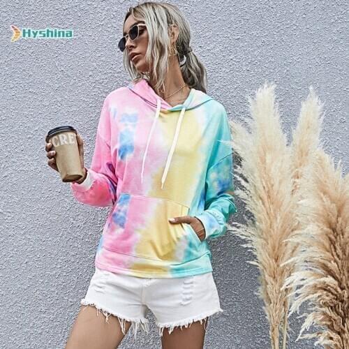 European and American Womens Printed Long Sleeve T Shirt Loose Hooded Tie Dyed Sweater