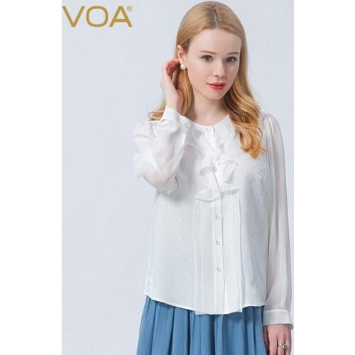 VOA Silk Jacquard Ivory White Tops O-Neck Stitching Shirt Sleeve Single-row Multi-button Ruffled Lady Joker Women Shirts BE731