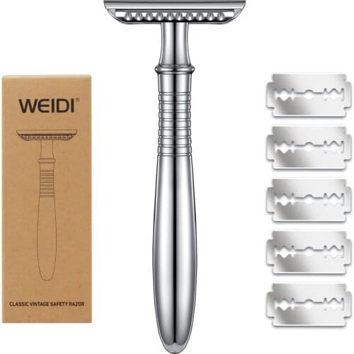 WEIDI 3-Piece Vintage Long Handle Double Edge Safety Razor Wet Shaving for Men Women with 5 Platinum Blades