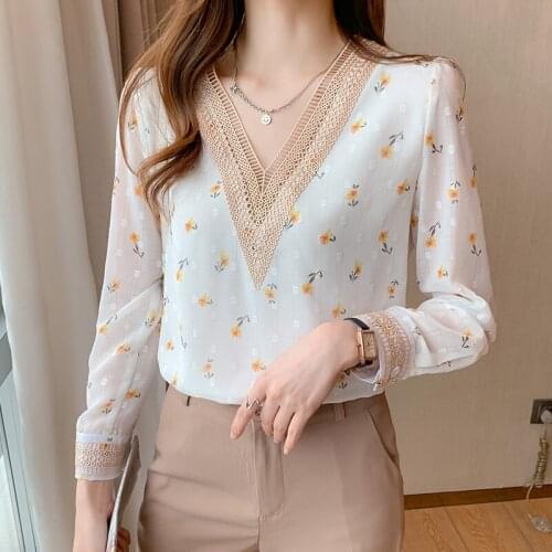 2021 Autumn V-neck Korean Floral Printed Chiffon Top Long Sleeve Shirt Blusa Mujer Female Elegant Tops Ladies Lace Blouses 1145