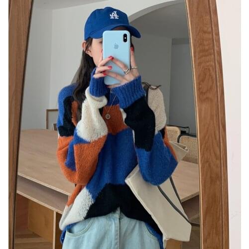 Women Blue O Neck Long Sleeve Sweaters Contrast Color Striped Lady Street Pullover Sweater Autumn Winter Korean Fashion Knit Top