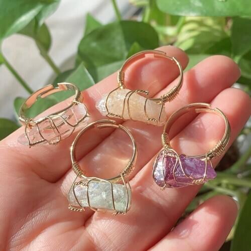 Fashion Wire Wrap Natural Rock Mineral Quartz Stone Women Rings Resizable Healing Amethysts Fluorite Purple Crystal Finger Ring