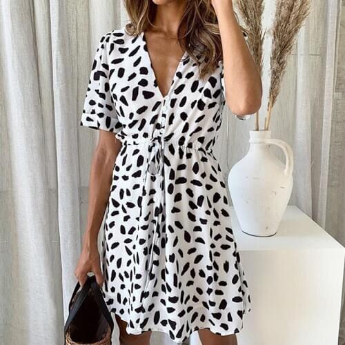 Women Short Sleeve Sand Spot Print Mini Dress Summer V Neck Beach Dresses Casual Ladies Lace-up Wrap Bodycon Dress Beachwear