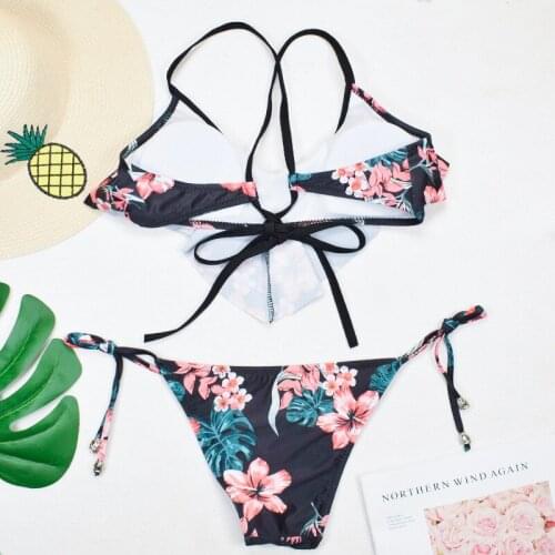 2pcs Women Summer Bikini Floral Print Swimwear Bikini Set Padded Bra Side G-String Thong Beach Swimsuit Bathing Suit SAL99