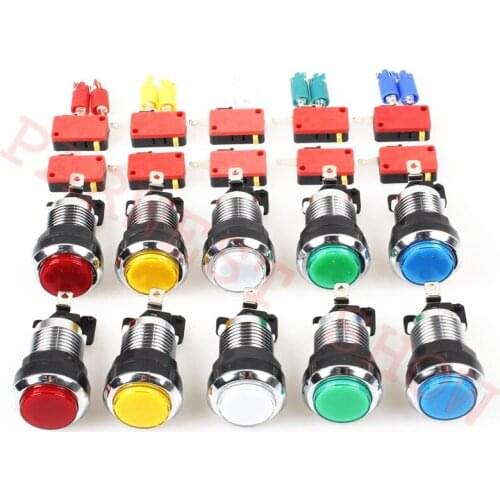 20pcs/lot 32mm Small Round CHROME Plated push button with micro-switch and LED Lights 5 colors for Selection for Jamma Kit Parts