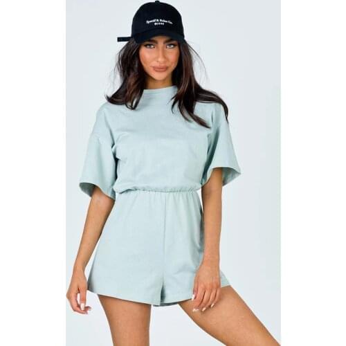 Ardm Casual Solid Color Jumpsuit Women O Neck Loose Romper Vintage Short Sleeve With Zipper Playsuit Summer New 2021