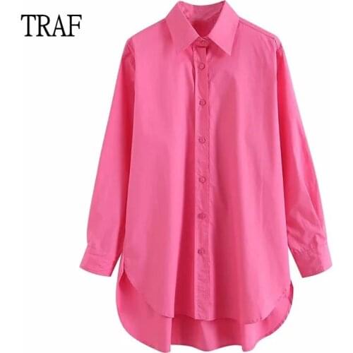 TRAF Women Blouses Za 2021 Spring Loose Solid Simple Long Sleeve Top Y2k Casual Women Clothing Oversized Female Shirts Blusas