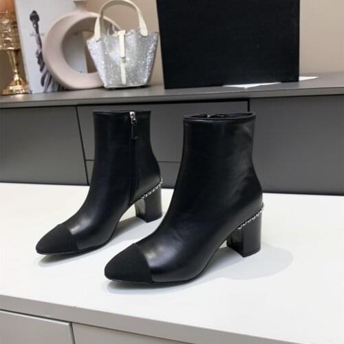 Shoes Women Autumn New Genuine Leather High Heels Short Boots Chain Round Toe Zipper Designer Shoes Patchwork Zapatos Botines