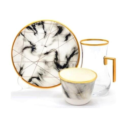 Drop Efe Handled Tea & Arabian Coffee Cup Set 18 Pieces White Marble