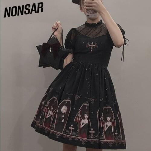 NONSAR Printed Black Sling Lolita Gothic Cross Witch V-Neck Short Sleeves For Women