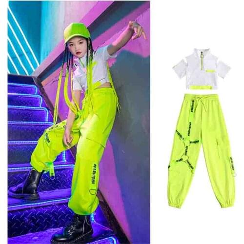 Kids Top Fluorescent Green Pants Clothes For Girls Jazz Ballroom Dance Clothing Jazz Dance Costume Rave Outfit Stage Wear XS1609
