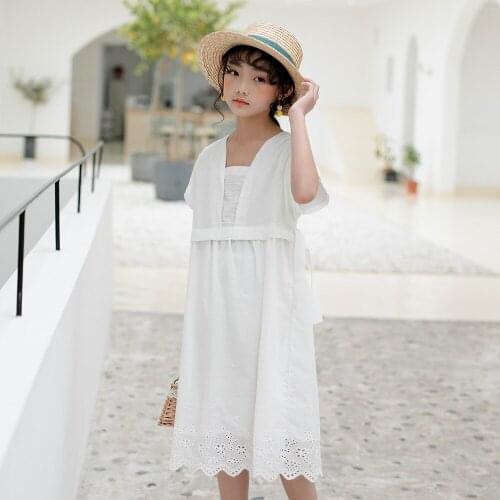 2021 Children Summer Thin Clothes New White Short Sleeve Princess Dress With Hollow Out Embroidery Girl Beach Dresses