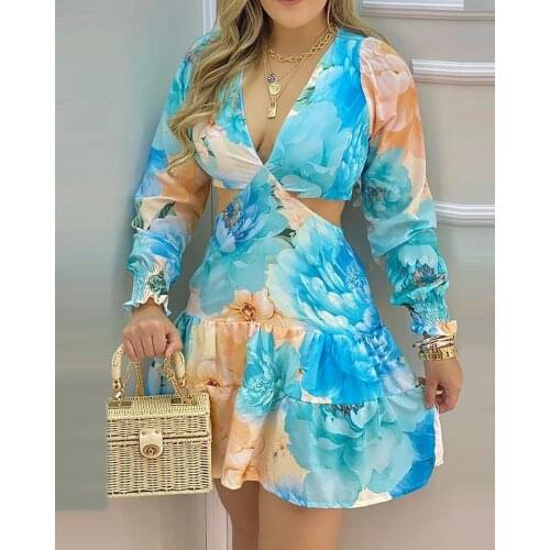 Women Elegant Dress V-Neck Floral Print Cutout Tied Detail Backless Casual Dress Vacation Dress