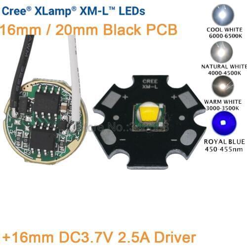 16mm DC3.7V 2.5A Driver 5 Modes + Cree XML XM-L T6 Cold White Neutral White Warm White 10W High Power LED Emitter Black PCB