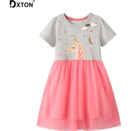 DXTON Summer Cotton Girls Dresses Unicorn Princess Kids Dress For Girls Patchwork Cartoon 2020 Children Girls Clothing 2-7 Years