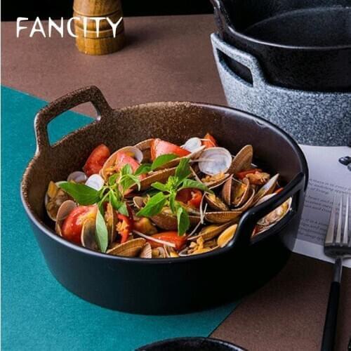 FANCITY Soup Bowl Large Japanese Ceramic Bowl Tableware Binaural Soup Bowl Creative Salad Bowl Noodle Bowl Household Big Soup Bo