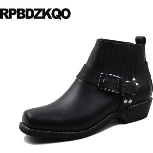 Harness Designer Shoes Men High Quality Black Booties Chunky Plus Size Boots Top Full Grain Genuine Leather Ankle Square Toe