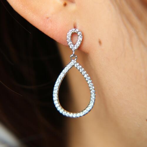 Hot Sale Simple Hollow prong setting cubic zirconia tear drop bling fashion Stud Earrings for Women Girl Piercing Jewelry