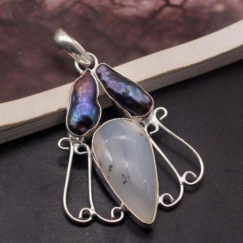 Hermosa Fantasy Dendritic Opal Biwa Pearl Fashion Jewelry Necklace Pendant 2 1/4 INCH A256