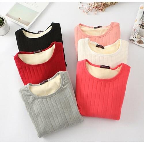 High Quality Cotton Winter Women Velvet Warm T Shirt Long Sleeve Thick T-Shirt XXL White Black Slim Top Rib Striped Under Shirt