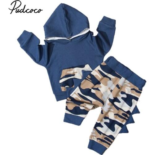 2 Pieces Kids Suit Set, Spring Camouflage Print Long Sleeve Hooded Tops with Pocket+ Trousers for Boys, 6-24 Months