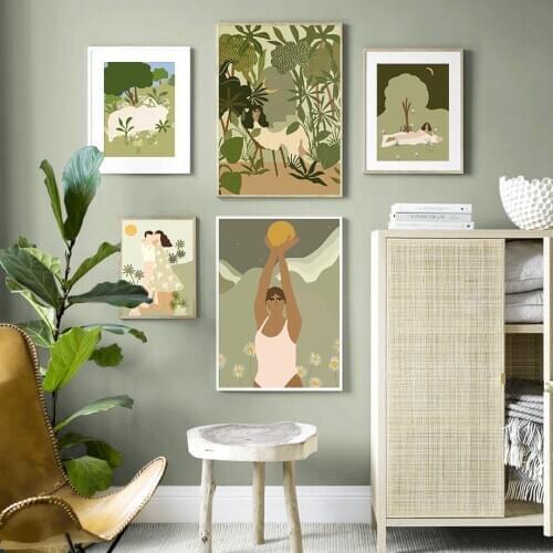 Colorful Abstract Girl Plant Mountain Wall Art Canvas Painting Nordic Posters And Prints Wall Pictures For Living Room Decor