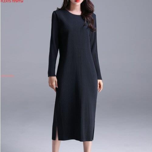 Autumn and Spring MIYAKE Pleats Medium Waist Black Long Sleeve Pullover Temperament Commute Long Dresses Womens Dress Vestido