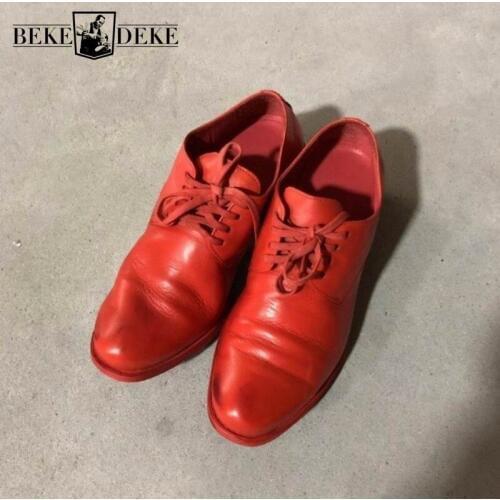 Italian Designer Mens Luxury Cowhide Genuine Leather Dress Shoes Formal Lace Up Block Med Heels Shoes Office Work Leather Shoes