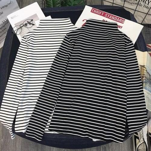 2021 Stylish New Women Turtleneck Striped T Shirt Spring Autumn Long Sleeve Casual Slim Skinny Top Tee Camiseta