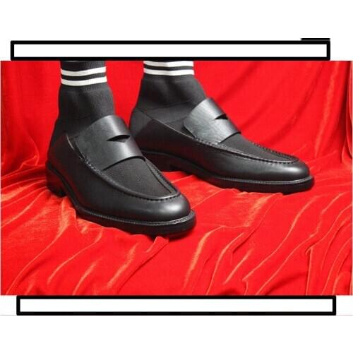 Autumn Winter Men Fashion Square Toes Genuine Leather Sock Ankle Boots Men Elastic Cool Casual Flat Loafers Large Size